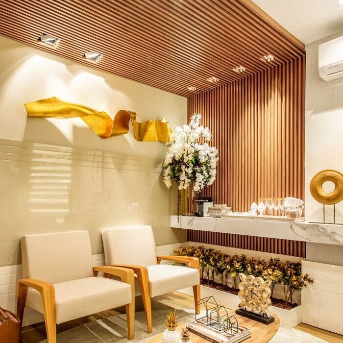 Luxurious modern lounge with elegant furniture and decor in a sophisticated design.